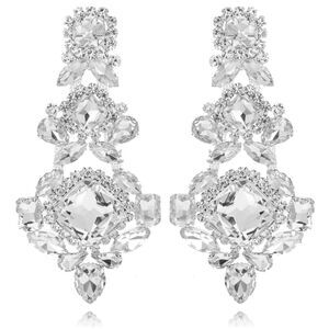 Silver with White Diamond Austrian Crystal 3 Tiered Chandelier Clip On Earrings